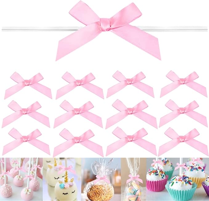 100 PCS 3 Inch Pink Twist Bows for Treat Bags, Satin Twist Tie Bows, Pre Tied Bows with Wire, Ribbon Bows with Twist Ties, Bow Ties for Gift Bags, Popcorn Bags, Cookie Bags, Party Favors