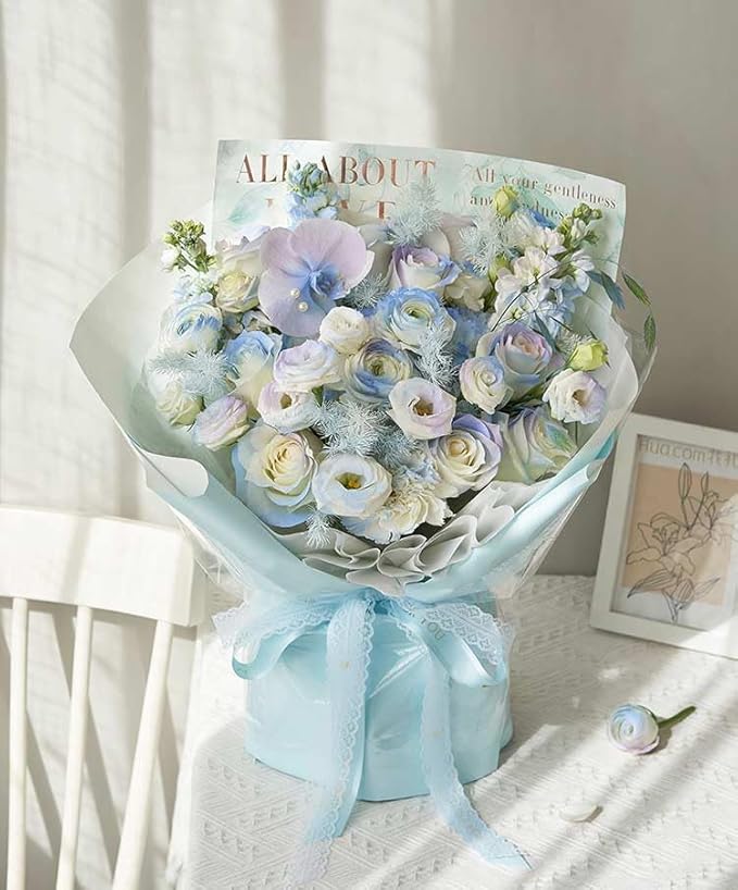 LeZakaa 20 Sheets Flower Wrapping Paper - Waterproof Reversible Floral Bouquet Paper - Sky Blue Design for Father's Day, Graduation, Party, Holiday