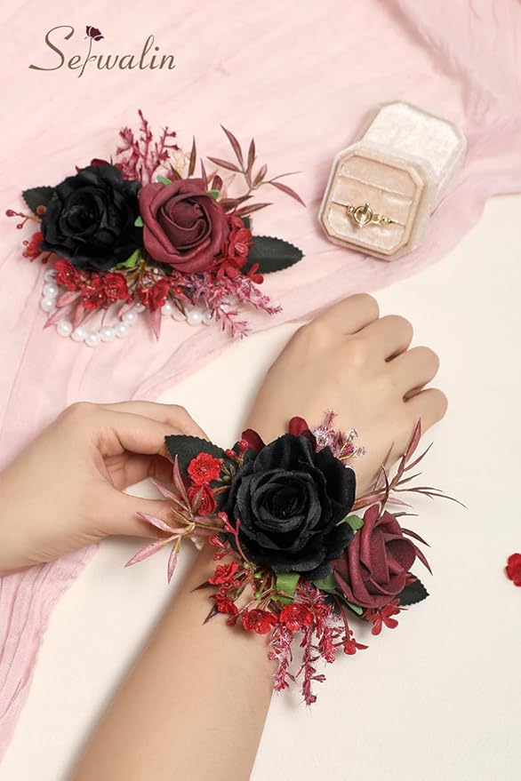 Serwalin Set of 2 Wrist Corsage for Wedding, 6-7inch Corsages Wristlet for Bridesmaid Mother Grandmother, Artificial Flowers for Prom Ceremony Anniversary, Black Burgundy