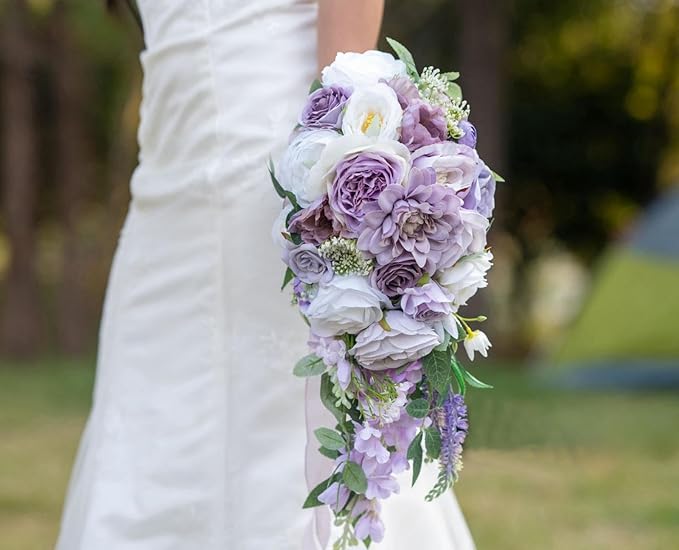 Bridal Bouquets for Wedding, Cascading Bouquets for Bride Lilac Purple Rose Artificial Bridal Bouquet for Wedding Anniversary Ceremony Bridal Shower Party Church Decoration