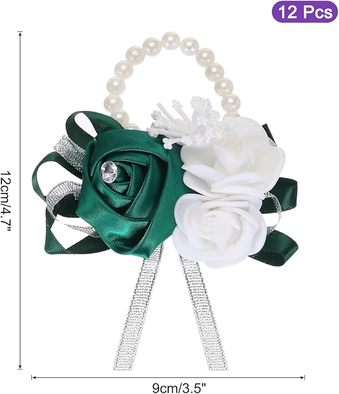 MECCANIXITY 12Pcs Wrist Corsage Artificial Flower Bracelets Rose Wrist Bride Groom Decorative for Wedding Ceremony Prom Party Anniversary Dark Green