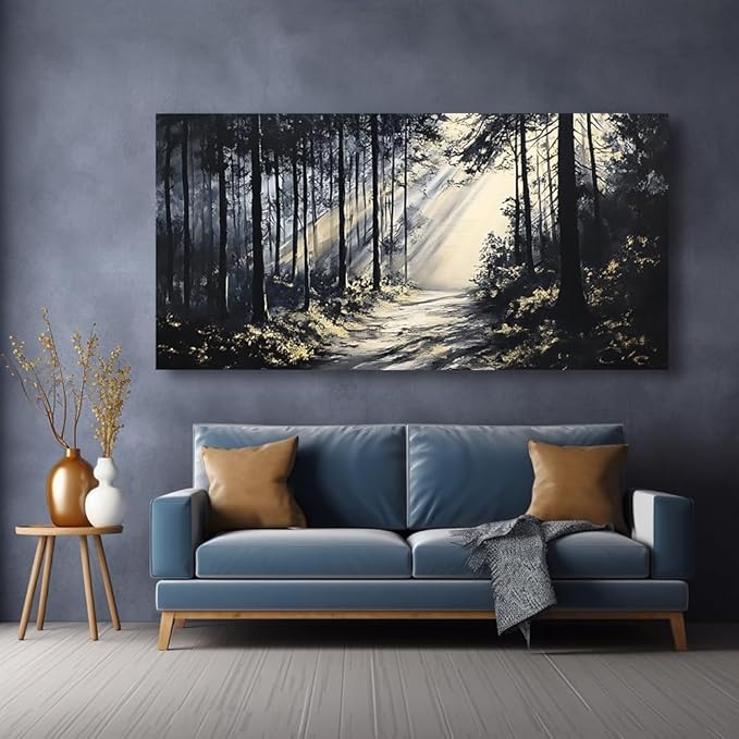 LAVIKARS Rustic Sunlight Forest Wall Art for Living Room Office Black and White Modern Landscape Canvas Painting Prints Large Nature Artwork Home Kitchen Bedroom Decor (28x58 Inches)