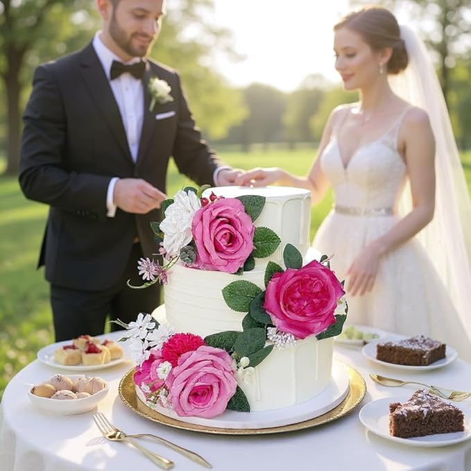 Pre-Made Hot Pink Silk Flowers for Cakes Decorations Fuchsia Light Pink Artificial Rose Peony Wedding Cake Toppers Decorating Fake Floral Anniversary Birthday Party Arrangements Table