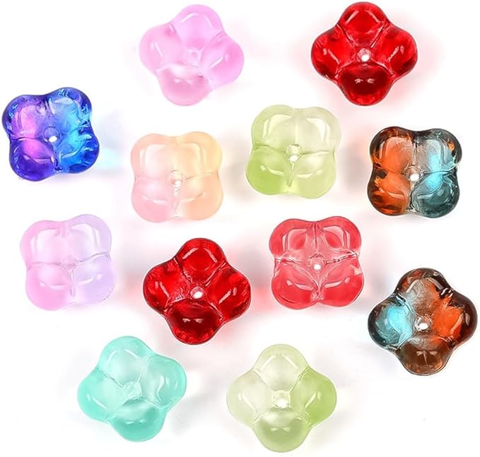 100PCS Glass Flower Beads for Jewelry Making 4 Petal Flower Bead Caps Gradient Cute Floral Beads Aesthetic Charms for Necklace Bracelets Earrings DIY Craft Home Decoration-Colorful