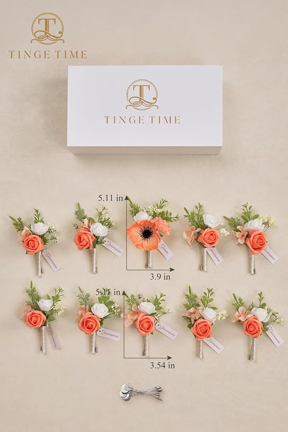 TINGE TIME Boutonniere for Men Wedding,Groom and Best Man Boutonniere for Wedding Ceremony Anniversary, Formal Dinner Party and Rustic Spring Wedding Marriage (10, CoralPink&Champagne)