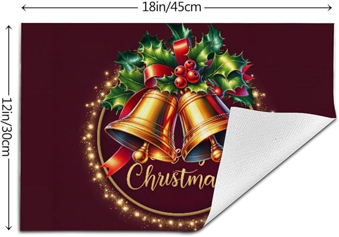 PVC Placemats Set of 6 Wipeable Table Mats Washable Heat Resistant Non Slip Vinyl Dining Table Mat for Kitchen Indoor Outdoor Patio Farmhouse Place Mats Christmas Bell Red Decorative