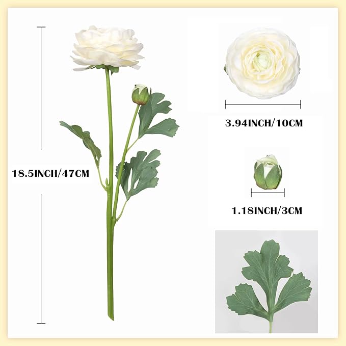White Ranunculus Artificial Flowers 6PCS Real Touch Faux Ranunculus Flowers for DIY Wedding Bouquet Party Table Home Decor(White)