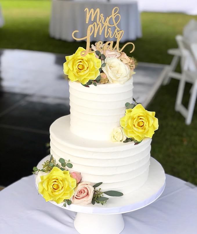 Artificial Flowers - 16pcs Yellow Fake Roses, 4.3" Velvet Roses for Wedding Bouquet, Home Party & Garden Decorations