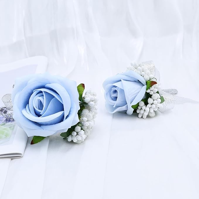 2Pcs Light Blue Rose Corsage and Boutonniere Set, Artificial Wrist Corsage Wristlet Bracelets, Men Boutonniere for Wedding Party Homecoming Formal Dinner Flowers Accessories Prom Suit Decor
