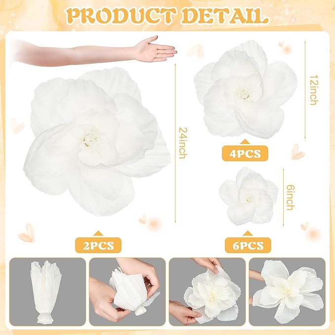 Giant Paper Flowers Artificial Large Paper Flower Decoration for Handcrafted Wall Backdrop Christmas Mexican Wedding Graduation Bridal Shower Birthday Party Supplies(White,12 Pcs)