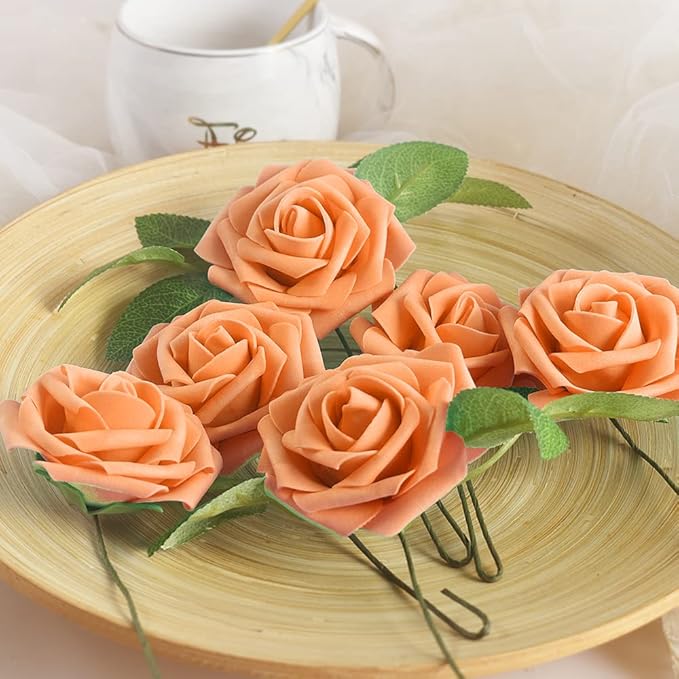 homEdge Artificial Rose, 25pcs Foam Artificial Flowers with Stem for Home Decorations, Wedding Bouquets, Party, Certerpieces, Anniversaries-Orange