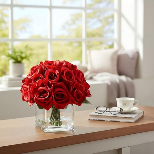 18 Heads Red Rose Fake Flowers in Vase with Fake Water, Silk Rose with Vase for Dining Table Bedroom Wedding Decor (Red)
