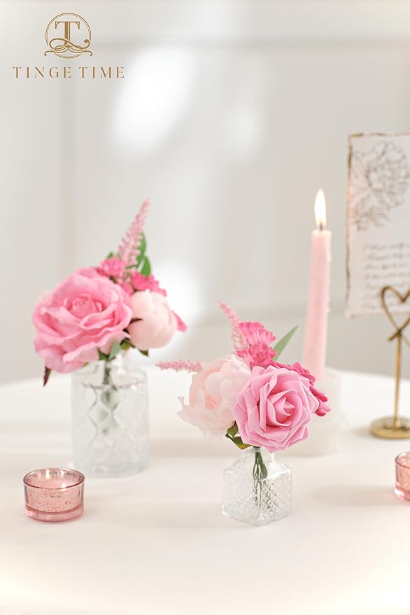 TINGE TIME Artificial Flowers Hot Pink Flower Combo for DIY Wedding Bouquets Table Centerpieces Arrangements Party Baby Shower Home Decoration Valentine's Day