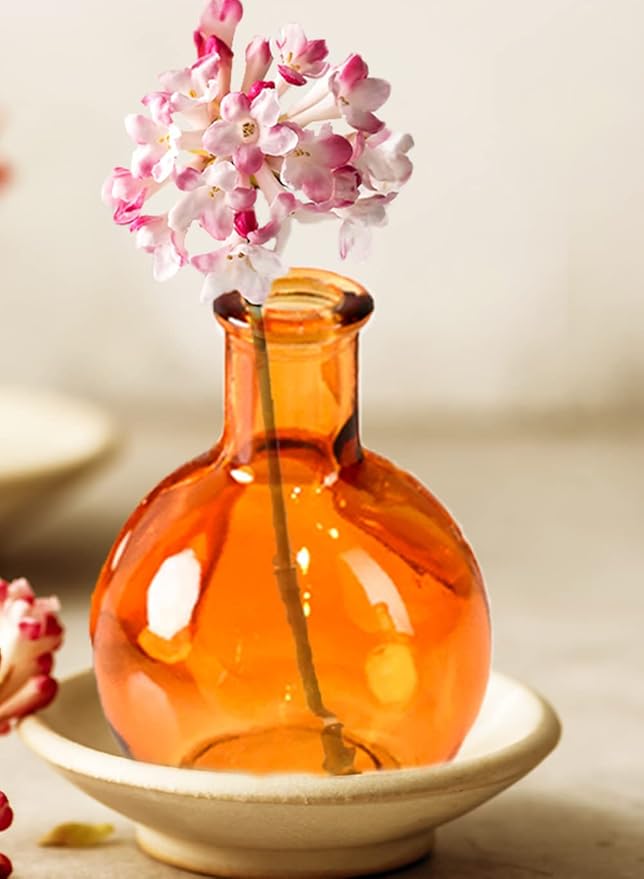 Serene Spaces Living Set of 6 Small Amber Ball Bud Vase, Vintage Glass Bottle Vases for Weddings, Events, Parties, Floral Centerpieces for Home Decor, Measures 3" Diameter & 4" Tall