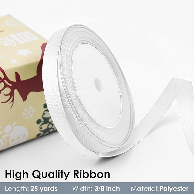 25 Yards 3/8 inch Satin Ribbon, Solid Color Fabric Ribbon Perfect for Gift Wrapping, Wedding, Handmade Bows, Floral Bouquets and Party Decoration(White)