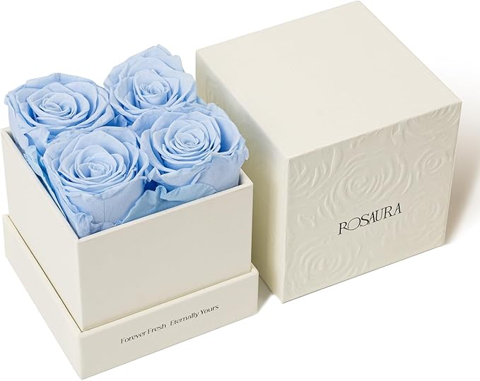Rosaura 4-Piece Eternal Preserved Roses & Flowers Gift Box - Forever Lasting Real Roses, Preserved Flowers for Valentine's Day (Sky Blue)