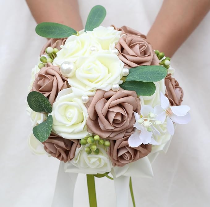Lightweight Bridal Wedding Bouquet Round Holding Bouquet Throw Toss Artificial Rose Flower Bunch for Bride Bridesmaid Wedding Quinceanera (Cream & Rosy Brown, 6.7")