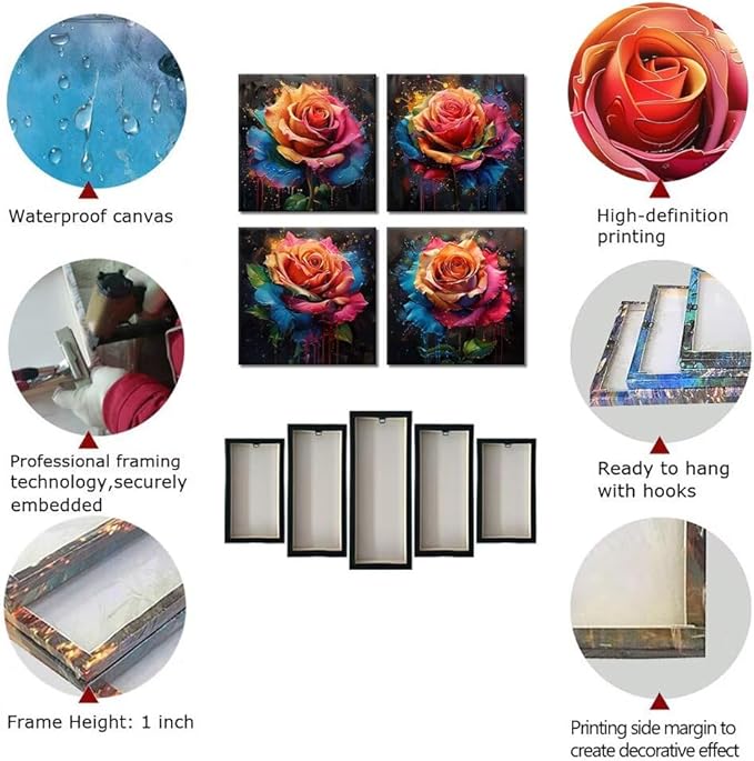 Pankila Colorful Rose Wall Art Floral Pictures Canvas Prints Abstract Rose Flower Wall Decor for Living Room Bedroom Bathroom Home Decorations Framed Artwork Ready to Hang (20''W x 20''H x 4)
