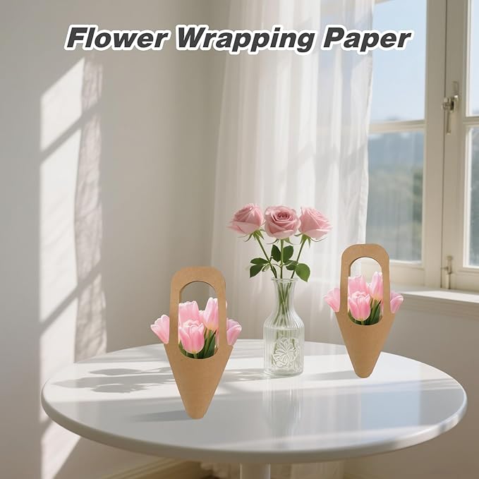 Jeqqinuz 100 PCS Flower Bags for Bouquets, Kraft Paper Gift Bags with Handle, Floral Wrapping Paper for Bouquet Packaging, Wedding Graduation Party Favors, Brown Cone Sleeves Home Decoration