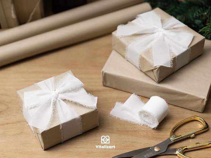 Vitalizart White Chiffon Silk Ribbon 1.5" x 21 Yd Handmade Frayed Edges Ribbons for Wedding Invitations Bridal Flower Bouquets Gifts Wrapping Crafts Holiday Decorations Off White
