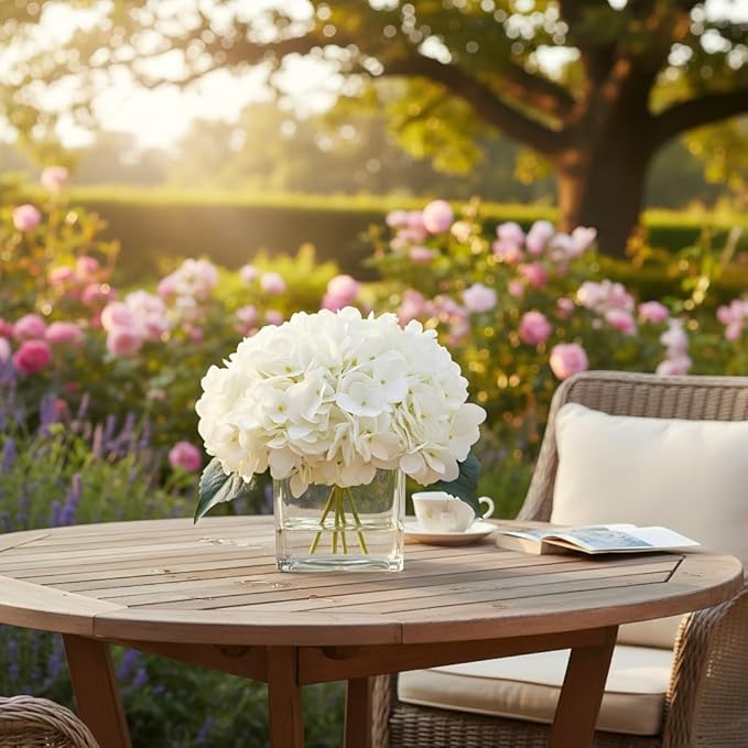 Faux Hydrangea Flowers in Vase, Small Silk Flowers in Vase with Fake Water for Home Decor Wedding Table (Cream)