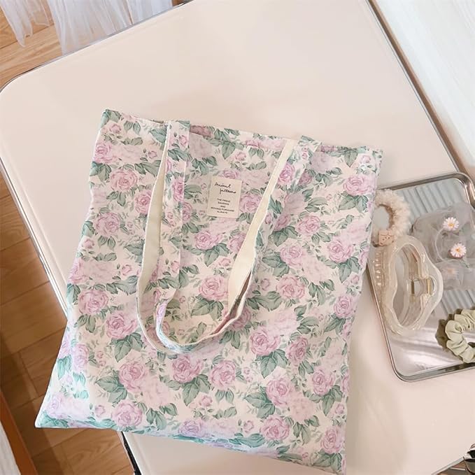 Cotton Canvas Tote Bag Reusable Soft Grocery Cloth Bag Floral Shoulder Bag for Beach Travel Shopping