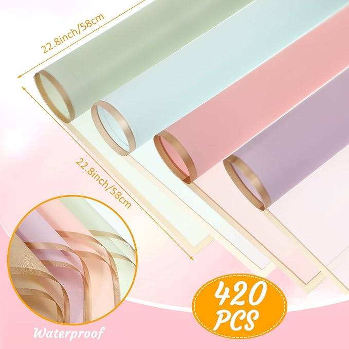 Yahenda 420 Sheet Flower Wrapping Papers Flower Bouquet Paper with Gold Edge Korean Style Bouquet Wrapping for Floral Supplies Wedding Anniversary DIY Gifts, 23 x 23 Inch(Chic Color)
