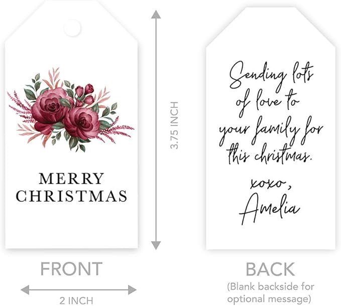 Andaz Press Christmas Holiday Season Classic Gift Tags, Merry Christmas to from Classic Favor Tags, Burgundy Floral Roses Design, for Holiday Events, Parties, and Favors, 60-Pack