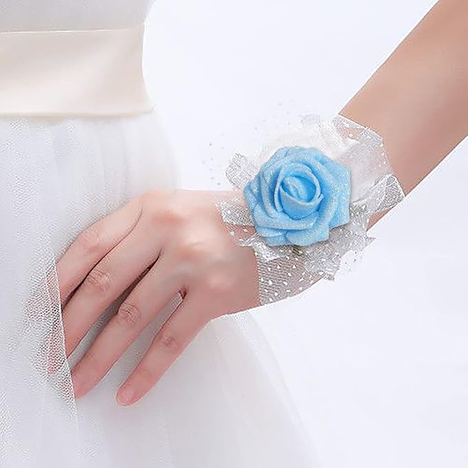 IPOPU Artificial Glitter Roses, 25pcs Foam Glitter Roses Glitter Flowers Foam Rose with Stem for DIY Wedding Bridal Bouquet Home Party Decoration(Light Blue)