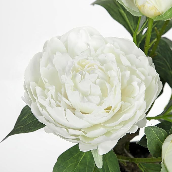 Hollyone White Fake Peonies Artificial Flowers in Pot 16.9" Small Peonies Tree Indoor Outdoor Faux Plants & Flowers Peony Silk Flowers Potted Plant Artificial Peony Floral Arrangement Desk Home Decor