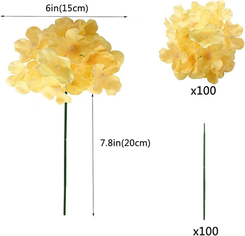 100PCS Artificial Hydrangea Flowers, Fake Flowers Silk Hydrangea Full Flowers Heads with Stems for Wedding Home Party Shop Baby Shower Decor (Yellow Champagne)