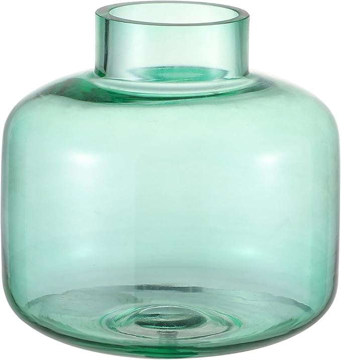 Green Glass Vase, Short Flower Vase, Round Glass Vases for Flowers, 6 Inch Small Glass Vases for Living Room, Dining Table, Wedding, Bookshelf, Office, Coffee Table