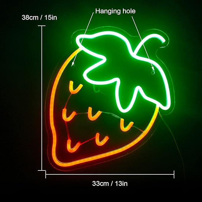 Strawberry Neon Sign Red Green Strawberry Led Sign Fruit Shape Neon Light for Bedroom Wall Decor, Bar, Fruit Shop, Restaurant (15 * 13 inch)