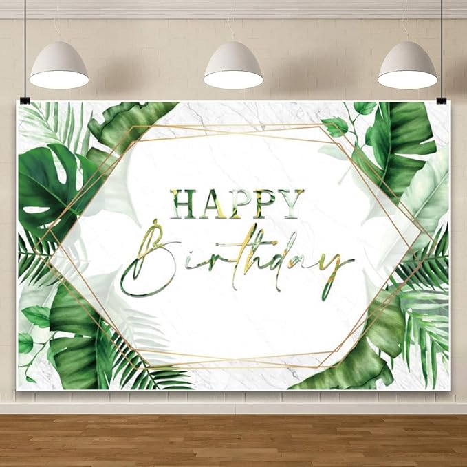 ChloropLastid 8x6ft Tropical Happy Birthday Backdrop Summer Green Palm Leaf Photography Background Hawaiian Birthday Party Banner Decorations for Men Women Portrait Photoshoot Props Supplies