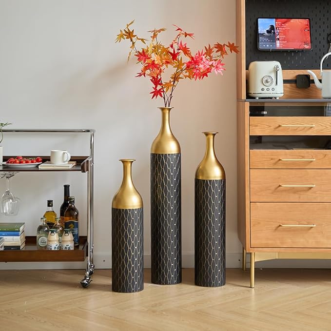 Floor Oversized Gold Metal Decorative Vase with 3D Triangle Pattern Set of 3 Large Vases for Home Living Room 33.5 ", 29.5 ", 25.2" High (Matte Black)