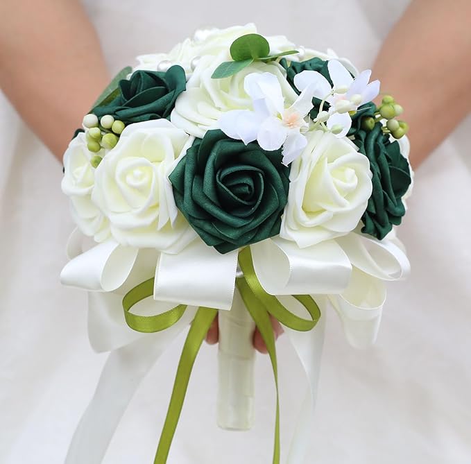 Lightweight Bridal Wedding Bouquet Round Holding Bouquet Throw Toss Artificial Rose Flower Bunch for Bride Bridesmaid Wedding Quinceanera (Cream & Dark Green, 9.1")