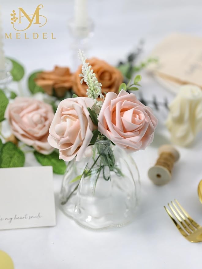 Meldel Artificial Flower 25pcs Real Looking Pink Fake Foam Roses with Stems for DIY Wedding Bouquets Gifts Bridal Shower Faux Floral Centerpieces Arrangements Home Party Tables Decorations
