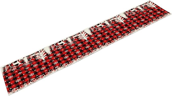 Christmas Table Runner,Red Black Plaid Xmas Snowflakes Deer Trees Print Tablecloth Burlap for Hotel Indoors Outdoor Dining Room Kitchen Home Decor,W13X L36 in