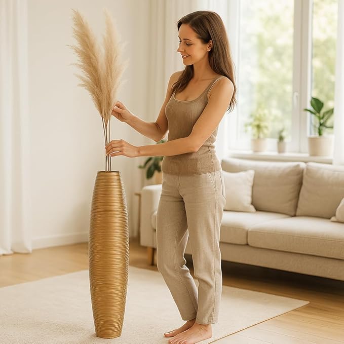 Leewadee Large Gold Home Decor Floor Vase - Wooden 34 inch Tall Farmhouse Decor Flower Holder for Fake Plant and Pampas Grass