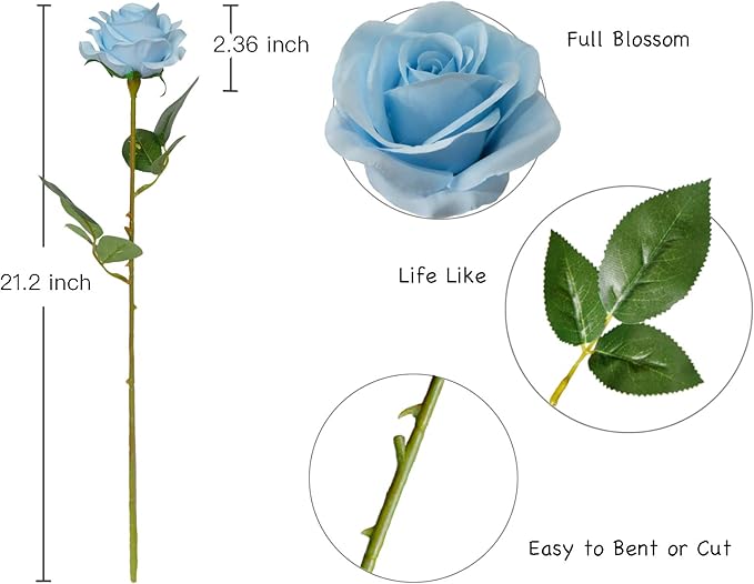 DuHouse 10pcs Fake Roses Artificial Silk Flowers Faux Rose Flower Long Stems Bouquet for Arrangement Wedding Centerpiece Party Home Kitchen Decor (Sky Blue)