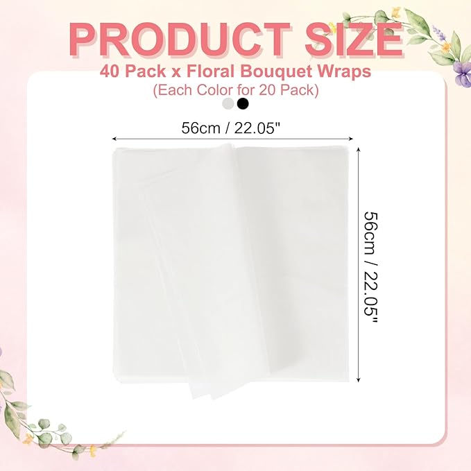 YELARXI Flower Wrapping Paper, Cotton Wrapping Flower Paper, Non-Woven Waterproof Floral Bouquet Wraps - Fitting for (Florist Supplies/Gift) 22 x 22 Inch & 40 Pack & White/Black