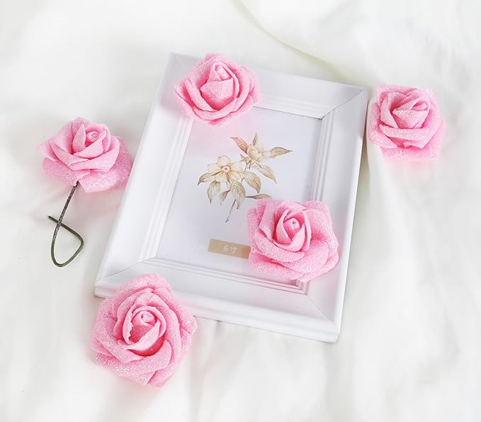 Artificial Flowers Glitter Flowers Foam Roses 30 PCS Pink Roses Foam Flowers Glitter Roses with Stem Fake Flowers for DIY Wedding Bridal Bouquet Party Centerpieces Decor(Pink)