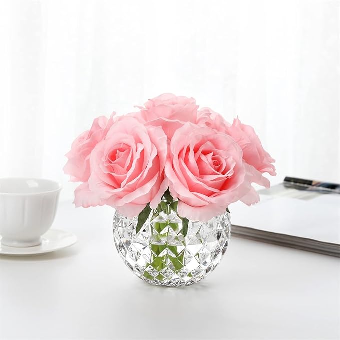 7 Large Stem Rose Artificial Flowers in Vase, Silk Flowers Arrangement in Round Glass Vase Without Water for Home Decor, Wedding Table (Pink)