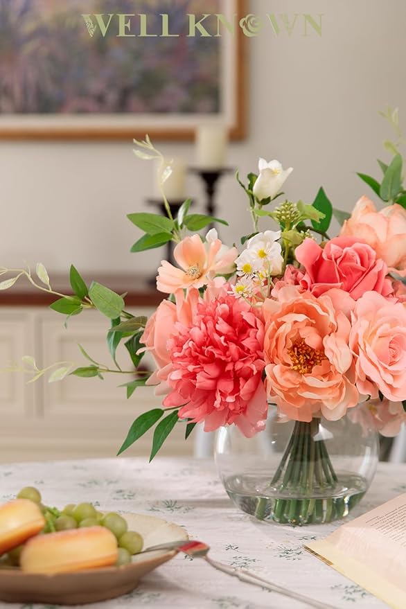 Artificial Flowers in Vase with Fake Water, Silk Peony Rose Flowers Bouquet with Glass Vase for Thanksgiving Party Birthday Wedding Dinning Table Centerpieces Office Decor & Gift (Coral & Peach Plus)