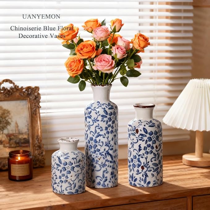 Ceramic Vase Set of 3 - Modern Chinoiserie Blue Floral Decorative Vases for Home Decor, Rustic Farmhouse Boho Vases for Living Room, Mantel, Dining Table, Bookshelf, Kitchen or Entryway Decoration