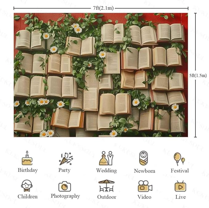 7x5ft Floral Book Backdrop Vintage Bookshelf Backdrop Books Flowers Wall Photography Background Girls Party Decorations Kids Newborn Birthday Baby Shower Photo Studio Props KUBYW006