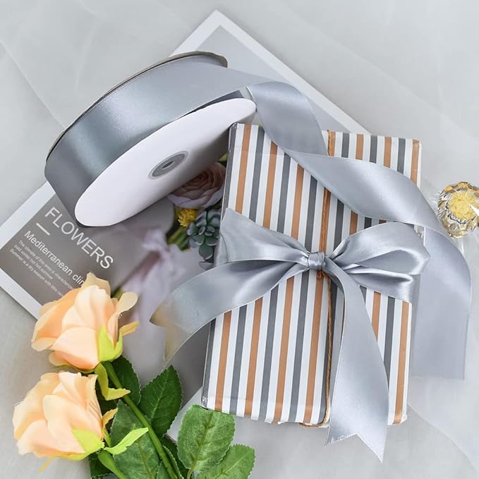 TONIFUL 1-1/2 Inch (40mm) x 100 Yards Silver Wide Satin Ribbon Solid Fabric Ribbon for Gift Wrapping Chair Sash Valentine's Day Wedding Birthday Party Decoration Hair Floral Craft Sewing