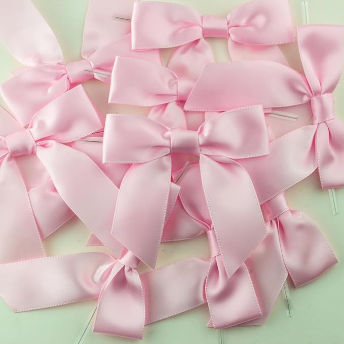 7Rainbows 30pcs Boutique 2.5" Pink Satin Ribbon Twist Tie Bows for Tying Up Packages Gift Wrapping