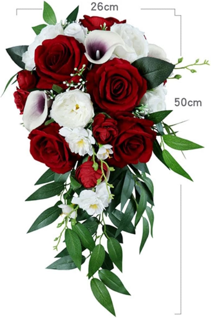 Wedding Bouquet for Bride, White and Wine Red Water Drop Bridal Bouquet Artificial Flowers Roses Cascading Wedding Bouquet for Ceremony Anniversary Party Bridal Shower Wedding Decoration