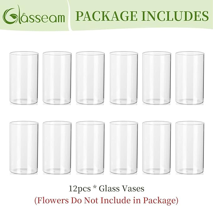 Glasseam Glass Cylinder Vases for Centerpieces, Small Clear Flower Vase Set of 12, Modern Floating Candle Vases Decor, Decorative Hurricane Candle Holders for Wedding Dining Table Decorations, 6in